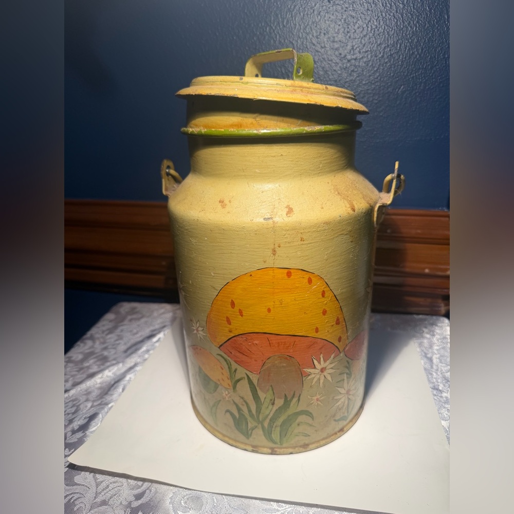 Vintage Hand Painted Mushroom Green Metal Dairy Milk Can With Handle